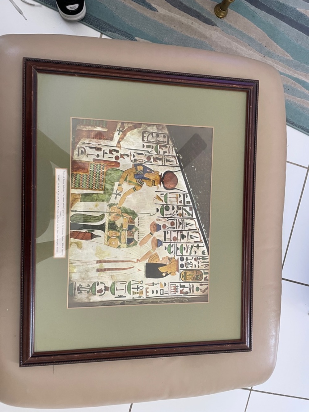 Framed Egyptian Wall Art Print in Olive Mat and Walnut Frame, some imperfections